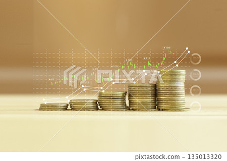 investment concept, Fund bond, stack of gold coins with growing on wood floor. wealth growth gold coins are displayed as graphs. Shows the beginning of the power of saving money in stocks. 135013320