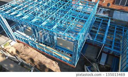 Lightweight steel frame house construction site - Frame of new house 135013469