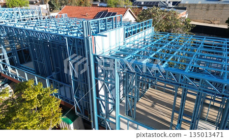 Lightweight steel frame house construction site - Frame of new house 135013471