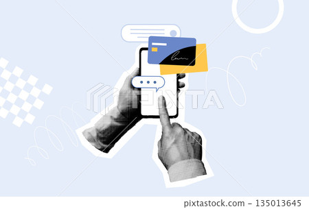 Mobile payments and online communication concept. Hands using a smartphone with a chat message and payment cards. Halftone collage illustration. Mobile payments and online communication concept 135013645
