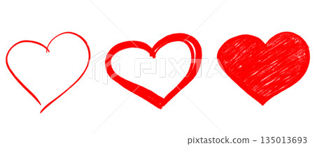 Three red heart icons in a row drawn in different sketchy styles, ranging from thin outline to thick fill. Concept for love, emotion, and graphic design Three red heart icons in a row drawn in different sketchy styles, ranging from thin outline to thick fill. Concept for love, emotion, and graphic design 135013693