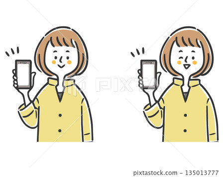 Woman showing smartphone screen, upper body, vector Woman showing smartphone screen, upper body, vector 135013777