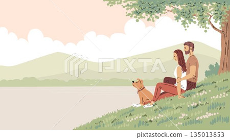 Couple dog nature landscape family love outdoor relaxation banner 135013853