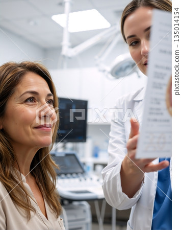 Smiling female patient listening to doctor during medical consultation. Dermatologist explaining treatment plan in clinic 135014154