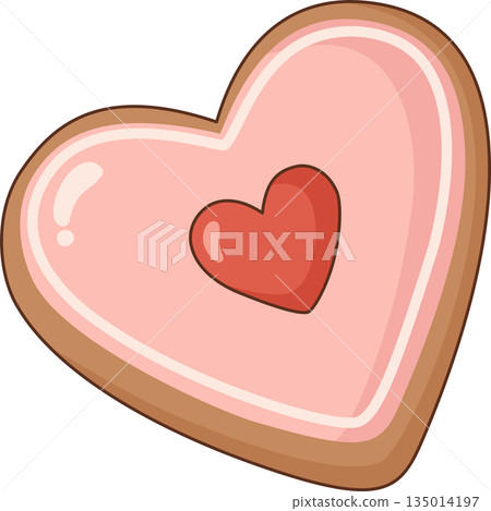 Cute Heart Shaped Valentine's Day Cookie with Pink Icing and Red Heart Illustration Cute Heart Shaped Valentine's Day Cookie with Pink Icing and Red Heart Illustration 135014197