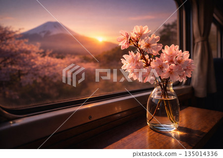 春日傍晚,從火車上眺望富士山,景色壯麗。 春日傍晚,從火車上眺望富士山,景色壯麗。 135014336