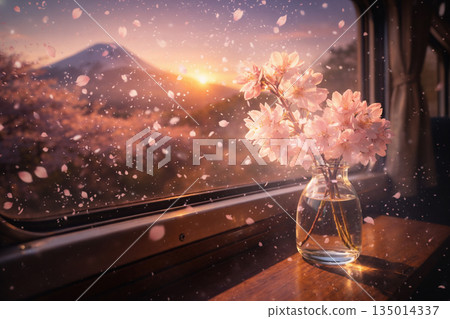 黃昏時分,櫻花從火車車窗飄落,遠處是富士山。 黃昏時分,櫻花從火車車窗飄落,遠處是富士山。 135014337