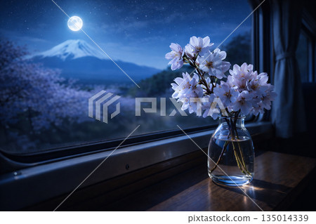 透過火車車窗，可以看到富士山和月光下靜謐的櫻花。 135014339