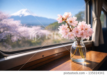Spring train journey: Cherry blossoms by the window and Mt. Fuji Spring train journey: Cherry blossoms by the window and Mt. Fuji 135014341