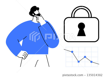 Data protection, cybersecurity, decision-making, information security, online privacy, risk management. A person thinking, padlock and declining chart. Cybersecurity and data protection concept Data protection, cybersecurity, decision-making, information security, online privacy, risk management. A person thinking, padlock and declining chart. Cybersecurity and data protection concept 135014382