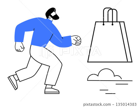 Online shopping, consumerism, e-commerce trends, retail marketing, purchase behavior, delivery services. A man walks towards a shopping bag with minimal line elements and a cloud motif. Online Online shopping, consumerism, e-commerce trends, retail marketing, purchase behavior, delivery services. A man walks towards a shopping bag with minimal line elements and a cloud motif. Online 135014383