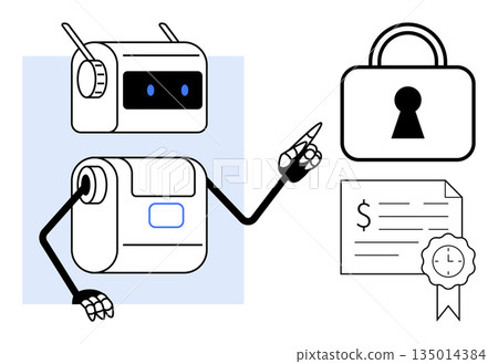 Artificial intelligence, cybersecurity, digital authentication, automation, data security, privacy. Robot pointing to a lock and certified document. Cybersecurity and digital authentication concept Artificial intelligence, cybersecurity, digital authentication, automation, data security, privacy. Robot pointing to a lock and certified document. Cybersecurity and digital authentication concept 135014384