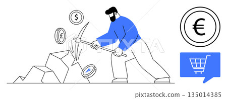 Cryptocurrency mining, e-commerce, digital economy, blockchain technology, financial management, and digital transactions. A man uses a pickaxe to mine currencies. Cryptocurrency mining 135014385