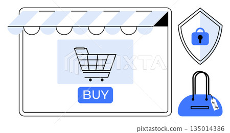 E-commerce, cybersecurity, online retail, data protection, financial safety, secure purchases. A shopping cart icon, a lock shield and a bag with a price tag. E-commerce and cybersecurity concept E-commerce, cybersecurity, online retail, data protection, financial safety, secure purchases. A shopping cart icon, a lock shield and a bag with a price tag. E-commerce and cybersecurity concept 135014386