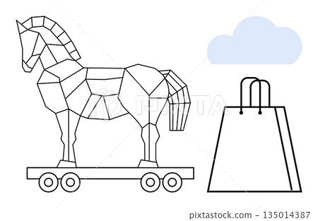 Cybersecurity, online scams, digital shopping, internet security, data theft, e-commerce risks. Geometric Trojan horse, shopping bag cloud icon. Cybersecurity and online scams in digital commerce Cybersecurity, online scams, digital shopping, internet security, data theft, e-commerce risks. Geometric Trojan horse, shopping bag cloud icon. Cybersecurity and online scams in digital commerce 135014387