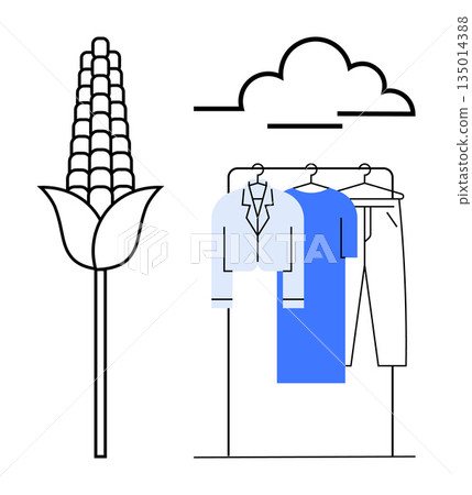 Sustainable farming, eco-friendly fashion, environmental conservation, agriculture, clothing design, organic threads production. Corn plant next to clothing rack under a cloud element. Sustainable 135014388