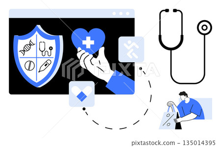 Digital health, telemedicine, online medical consultations, healthcare technology, preventive care, patient communication. a shield, heart stethoscope and doctor icon. Digital health 135014395