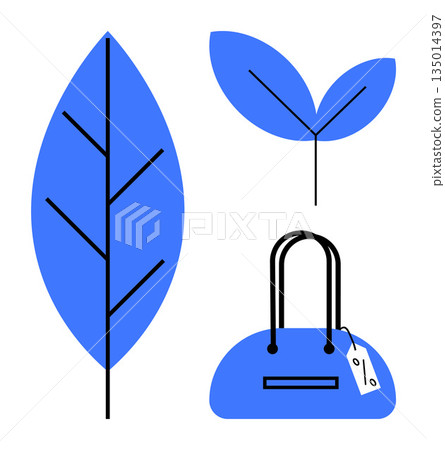 Sustainability, eco-awareness, fashion, organic materials, nature connection, shopping. a blue leaf and a handbag with a tag. Sustainability and eco-awareness concepts 135014397