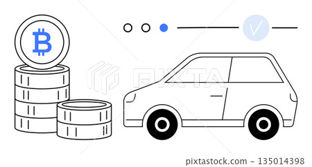 Cryptocurrency, fintech, e-commerce, digital assets, car buying, blockchain. Bitcoin coins next to a vehicle outline. Cryptocurrency and fintech modern payment solutions 135014398