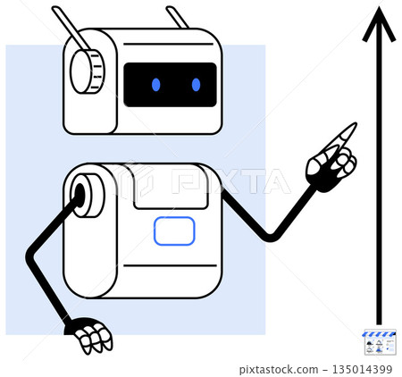 Artificial intelligence, automation, robotics, data analysis, innovation, technology advancements. A robot with antennas and mechanical arms pointing to an upward arrow. AI and automation concepts Artificial intelligence, automation, robotics, data analysis, innovation, technology advancements. A robot with antennas and mechanical arms pointing to an upward arrow. AI and automation concepts 135014399