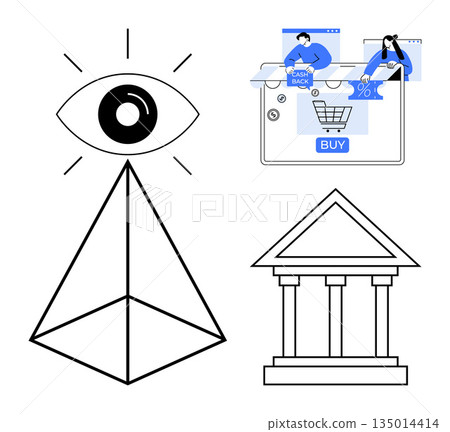 Surveillance, e-commerce, finance, security, digital transactions, consumer habits. Pyramid with an eye, online shopping and a bank building. Surveillance and e-commerce conceptual design 135014414