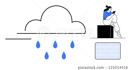 Cloud computing, digital storage, online accessibility, data processing, connectivity, graphic design. A cloud with raindrops, a person using a tablet geometric visual blocks. Cloud computing 135014416