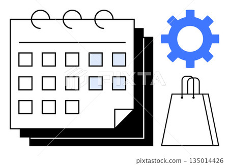 Time management, retail planning, automation tools, productivity, business organization, e-commerce. A calendar with a gear and shopping bag icons. Time management and retail planning concept 135014426