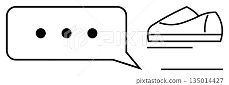 Communication, simplicity, icons, design, messaging, retail branding. A speech bubble with three dots next to a shoe outline. Communication and simplicity concepts visually 135014427