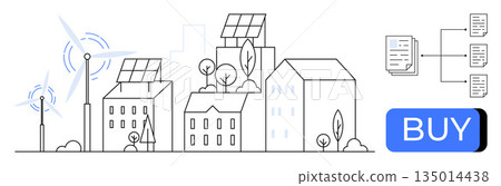 Renewable energy, sustainability, eco-friendly living, smart cities, green technology, online payments. Urban buildings with solar panels and wind turbines. Renewable energy and sustainability 135014438