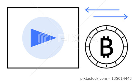 Cryptocurrency transactions, digital economy, blockchain streaming, online payments, media sharing, electronic commerce. Bitcoin symbol next to a play button icon. Cryptocurrency and digital economy 135014443