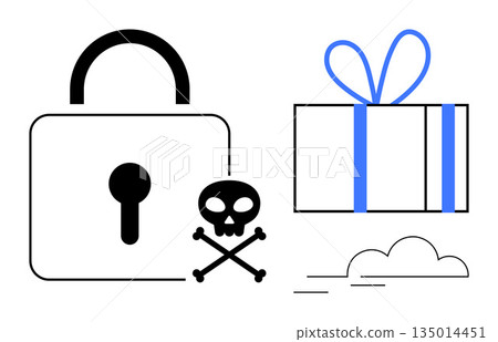 Cybersecurity, online security, malware risks, digital safety, hacking warnings, online scams. A padlock, skull and crossbones and gift box with a ribbon. Cybersecurity and online security 135014451