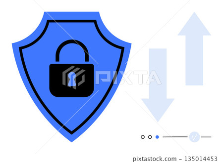Cybersecurity, encryption, privacy, data protection, information security, authentication. Blue shield with a padlock icon, arrows and minimal interface elements. Cybersecurity and encryption 135014453