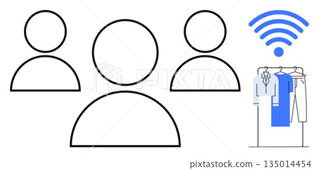 Online shopping, connection, user engagement, digital marketing, e-commerce, fashion technology. Minimal outline of people, clothes and a wireless symbol. Online shopping and user engagement concept Online shopping, connection, user engagement, digital marketing, e-commerce, fashion technology. Minimal outline of people, clothes and a wireless symbol. Online shopping and user engagement concept 135014454