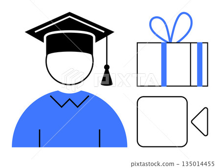 Education, graduation, virtual learning, online celebration, academic achievement, digital tools. a graduate with a cap, gift and video icon. Education and virtual learning concepts Education, graduation, virtual learning, online celebration, academic achievement, digital tools. a graduate with a cap, gift and video icon. Education and virtual learning concepts 135014455