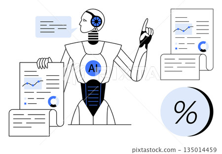 Data analytics, artificial intelligence, financial technology, automation, digital economy, and decision-making. A robot examining charts and documents. Data analytics and financial technology 135014459