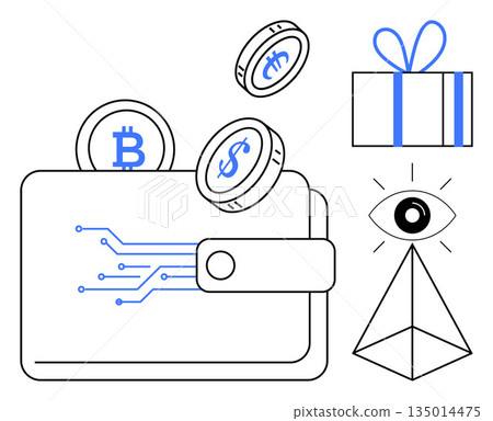 Cryptocurrency, blockchain technology, digital payments, online transactions, financial security, modern economy. Digital wallet with Bitcoin, smart contract symbols, and conceptual elements Cryptocurrency, blockchain technology, digital payments, online transactions, financial security, modern economy. Digital wallet with Bitcoin, smart contract symbols, and conceptual elements 135014475