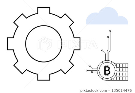 Blockchain, fintech, cryptocurrency, cloud computing, technology integration, data security. Gear, Bitcoin symbol connected to circuits cloud icon. Blockchain and fintech for digital transformation Blockchain, fintech, cryptocurrency, cloud computing, technology integration, data security. Gear, Bitcoin symbol connected to circuits cloud icon. Blockchain and fintech for digital transformation 135014476