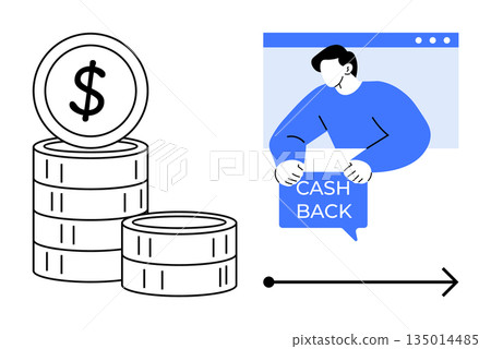 Finance, e-commerce, savings, online shopping, digital rewards, customer service. Coins stacked with a dollar icon and a person holding a cashback speech bubble in a browser window. Finance 135014485