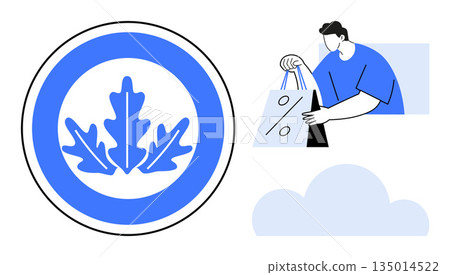 E-commerce, nature conservation, sustainability, retail shopping, cloud technology, eco symbols. Blue oak leaf emblem, man holding shopping bags and cloud graphic. E-commerce and nature conservation E-commerce, nature conservation, sustainability, retail shopping, cloud technology, eco symbols. Blue oak leaf emblem, man holding shopping bags and cloud graphic. E-commerce and nature conservation 135014522