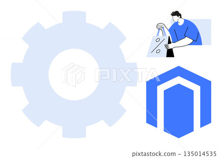 E-commerce, online shopping, digital retail, web development, software solutions, branding. Large gear icon with Magento logo and shopper graphic. E-commerce and digital retail E-commerce, online shopping, digital retail, web development, software solutions, branding. Large gear icon with Magento logo and shopper graphic. E-commerce and digital retail 135014535