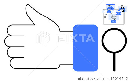 E-commerce, online shopping, digital trust, product search, consumer insights, business analysis. A large thumbs-up symbol, magnifying glass and small e-commerce interface. E-commerce and online 135014542
