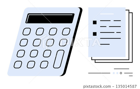 Financial planning, accounting, budgeting, calculations, data management, tax preparation. Image of a calculator and stacked documents. Financial planning and accounting concept 135014587