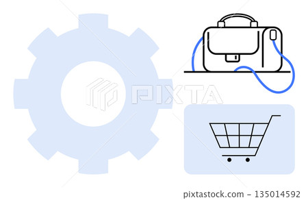 E-commerce, business operations, online shopping, workflow, retail, and automation. Creative combination of gear, shopping cart and business bag icons. E-commerce and business operations concept E-commerce, business operations, online shopping, workflow, retail, and automation. Creative combination of gear, shopping cart and business bag icons. E-commerce and business operations concept 135014592