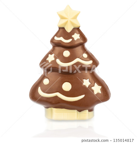 Chocolate Christmas tree with white chocolate decorations isolated on white background Chocolate Christmas tree with white chocolate decorations isolated on white background 135014817