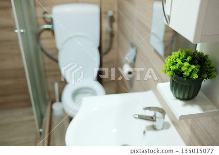 Bright bathroom interior with white toilet and sink against warm tiled walls. Practical sanitary space showing cleanliness, functionality and everyday residential comfort Bright bathroom interior with white toilet and sink against warm tiled walls. Practical sanitary space showing cleanliness, functionality and everyday residential comfort 135015077