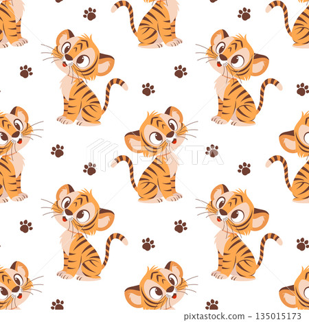 A seamless vector pattern with tiger cubs and paw prints on a white background. A seamless vector pattern with tiger cubs and paw prints on a white background. 135015173