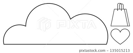 E-commerce, online shopping, cloud storage, digital love, retail, data connection. A cloud shape alongside a shopping bag and a heart icon. E-commerce and cloud storage concept E-commerce, online shopping, cloud storage, digital love, retail, data connection. A cloud shape alongside a shopping bag and a heart icon. E-commerce and cloud storage concept 135015213