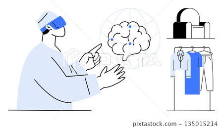Artificial intelligence, virtual reality, smart technology, home automation, neuroscience, futuristic design. Person using VR headset interacting with a digital brain. Virtual reality and artificial Artificial intelligence, virtual reality, smart technology, home automation, neuroscience, futuristic design. Person using VR headset interacting with a digital brain. Virtual reality and artificial 135015214