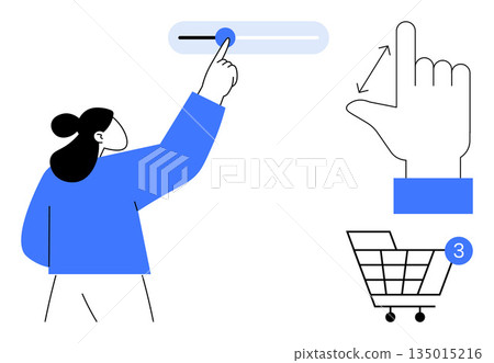 E-commerce, user interface, online purchases, digital interactions, shopping carts, notifications. Person adjusting a digital slider, hand gesture icons shopping cart with item count. E-commerce 135015216
