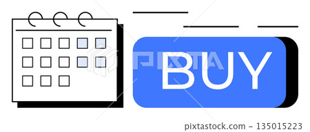 Online shopping, scheduling, e-commerce, digital planning, purchase management, marketing automation. A calendar next to a buy button. Online shopping and scheduling concept 135015223